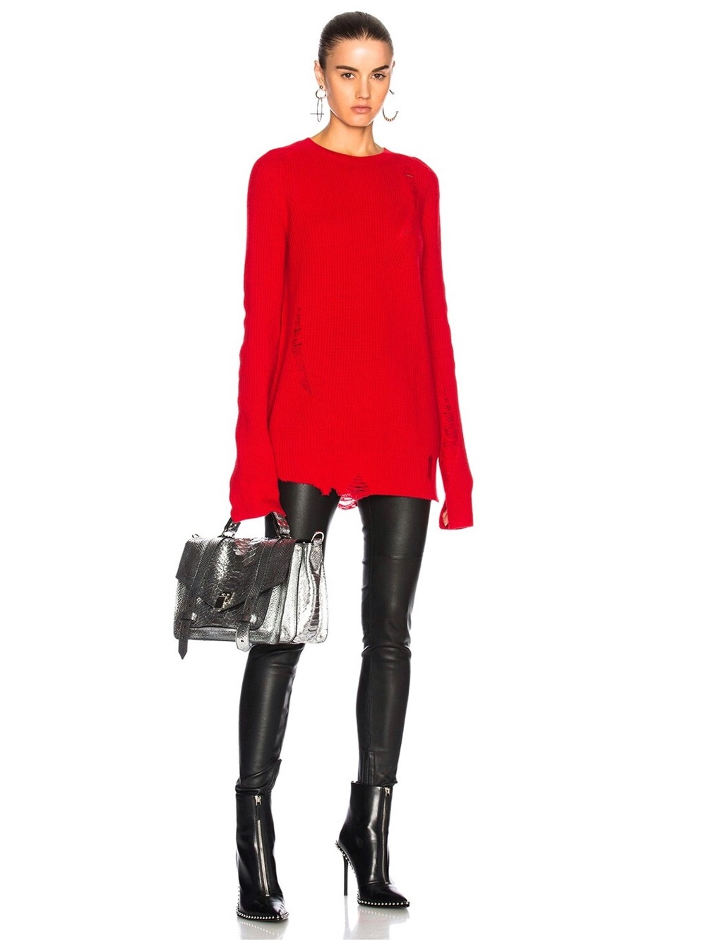 HELMUT LANG Red Wool Cashmere Blend Knit Oversized Distressed Sweater, Size S